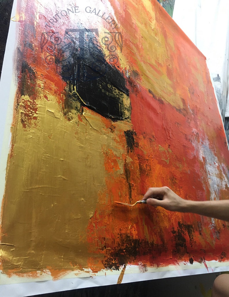 Abstract Oil Painting Red and Gold Leaf Modern Artwork Etsy