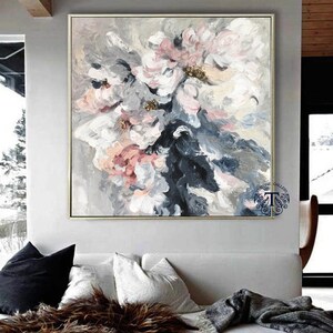 May include: Abstract painting of pink, white, and gray flowers on a canvas. The flowers are painted in a loose, expressive style, with a lot of texture. The background is a light gray.