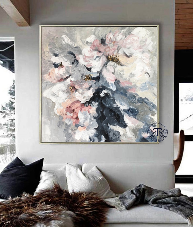 May include: Abstract painting of pink, white, and gray flowers on a canvas. The flowers are painted in a loose, expressive style, with a lot of texture. The background is a light gray.