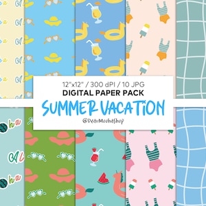 Pastel Summer Digital Paper Pack, Summer Vacation Scrapbook Paper, Summer Vibes Pattern, Beach & Pool Digital Backgrounds, Summer Wallpaper