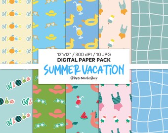 Pastell Sommer Digital Paper Pack, Sommer Urlaub Scrapbook Papier, Sommer Vibes Muster, Strand & Pool Digitale Hintergründe, Sommer Tapete