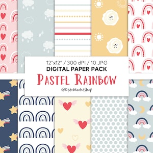 Printable Pastel Rainbow Digital Paper Pack, Rainbow Pastel Scrapbook Paper, Rainbow Pattern, Rainbow Digital Backgrounds, Pastel Wallpaper