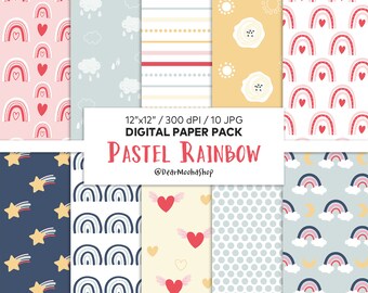 Printable Pastel Rainbow Digital Paper Pack, Rainbow Pastel Scrapbook Paper, Rainbow Pattern, Rainbow Digital Backgrounds, Pastel Wallpaper