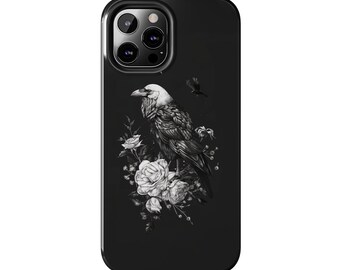 Black Goth Crow Rose Phone Case for iPhone 15 Pro Max, 14, 13, 12