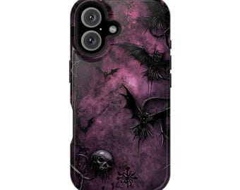 Magnetiskt telefonskal med Halloween-motiv, fladdermus och dödskallekonst för iPhone 16 Pro Max, 15, 14, 13 | Spökgotiskt metallskal i starkt material
