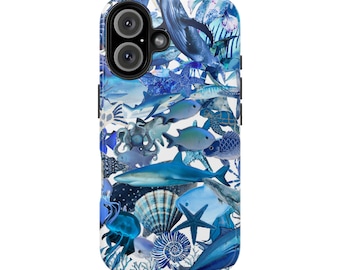 Blue Collage Phone Case for iPhone 16 Pro Max, 15 Plus, 14, 13, 12, 11, XR, 8+, 7, SE - Ocean Fishes Aesthetic