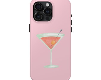Pink Martini Phone Case Phone Cover, for iPhone 15 Pro Max, 14, 13, 12, 11, XR, 8+, 7, SE, Watercolor Cocktail Glass Aesthetic Design