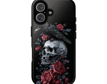 Etui na telefon w kolorze czarnym gotyckim do iPhone'a 17 Pro Max, Air, 16, 15, 14, 13, 12, 11, XR, 8+, 7, SE, z czaszką z czerwonej róży i czarnym wzorem