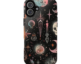 May include: Black phone case with a colorful design featuring skulls, stars, moons, and other celestial imagery.