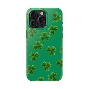 St Patricks Day Phone Case for iPhone 15 Pro Max, 14, 13, 12, 11, XR, 8+, 7, SE Green Shamrock Clover Tough Protective Cover