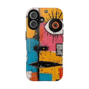 May include: A colorful phone case with an abstract design featuring a large eye, geometric shapes, and a black and white pattern. The case is made of durable plastic and has a matte finish.