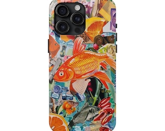 Goldfish Collage Phone Case Phone Case para iPhone 15 Pro Max, 14, 13, 12, 11, XR, 8+, 7, SE - Tema de playa de frutas de peces