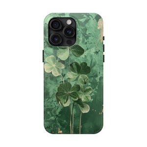 St Patricks Day Phone Case for iPhone 15 Pro Max, 14, 13, 12, 11, XR, 8+, 7, SE Tough Protective Cover Collage Four Leaf Clover Art Design