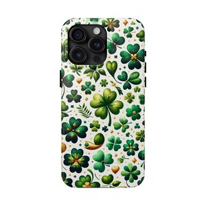 St Patricks Day Phone Case for iPhone 15 Pro Max, 14, 13, 12, 11, XR, 8+, 7, SE Tough Protective Cover Irish Lucky Four Leaf Clover Pattern