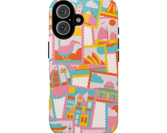 Estuche para teléfono con collage de sellos de viaje, diseño de aventuras coloridas, iPhone 16 Pro Max 15 14 13 12 11 XR 8+ 7 SE, Galaxy S24 S23, Pixel 8 7 6