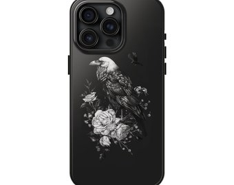 Etui na telefon Black Goth Crow Rose do iPhone'a 15 Pro Max, 14, 13, 12, 11, XR, 8+, 7, SE, Dark Noir Estetyczny design