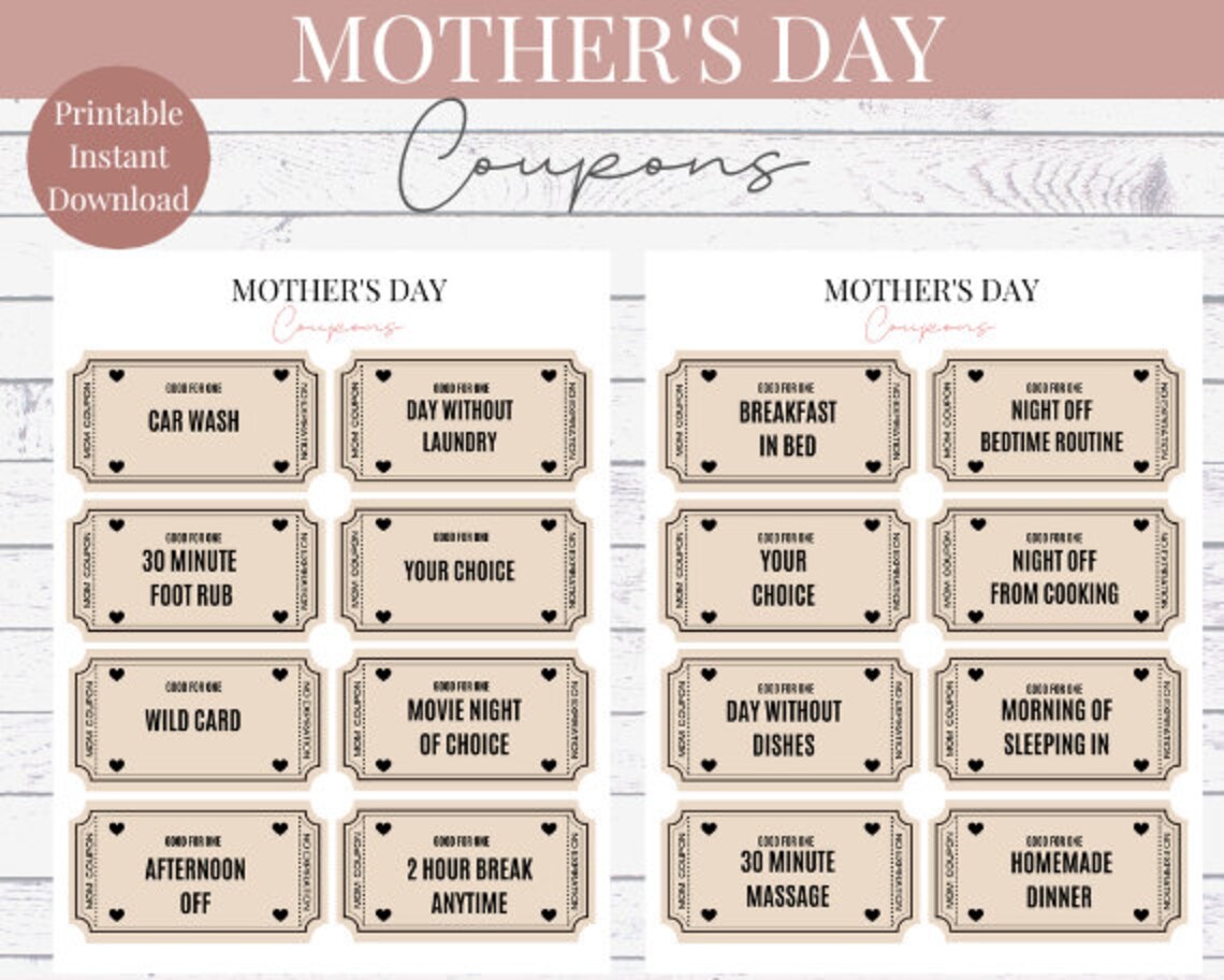 Mother's Day Coupons Mom Gift Printable Vouchers Instant Download Gift ...
