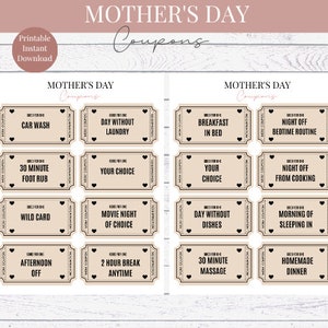 Mother&#39;s Day Coupons | Mom Gift | Printable Vouchers | Instant Download Gift | Coupon Book | Mother&#39;s Day Present Gift Template PDF