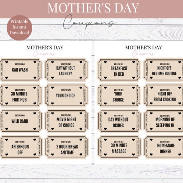 Mother's Day Coupons | Mom Gift | Printable Vouchers | Instant Download Gift | Coupon Book | Mother's Day Present Gift Template PDF