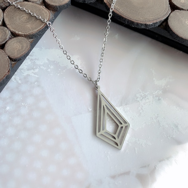 Stainless Steel Necklace - Geometric Minimalist Necklace - Kite Shape Cut Out Pendant - Diamond Shape Pendant - Trendy Silver Jewelry