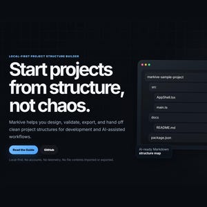 May include: Dark blue graphic with white text: "Start projects from structure, not chaos." Includes a file structure diagram and buttons for "Read the Guide" and "GitHub."
