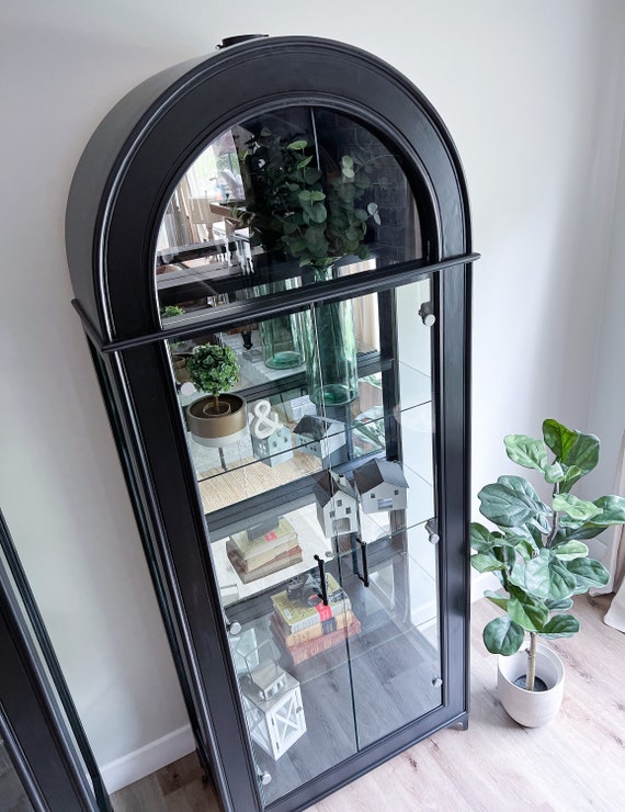 Arched Farmhouse Modern Black Mirrored Glass Tall Display Cabinet