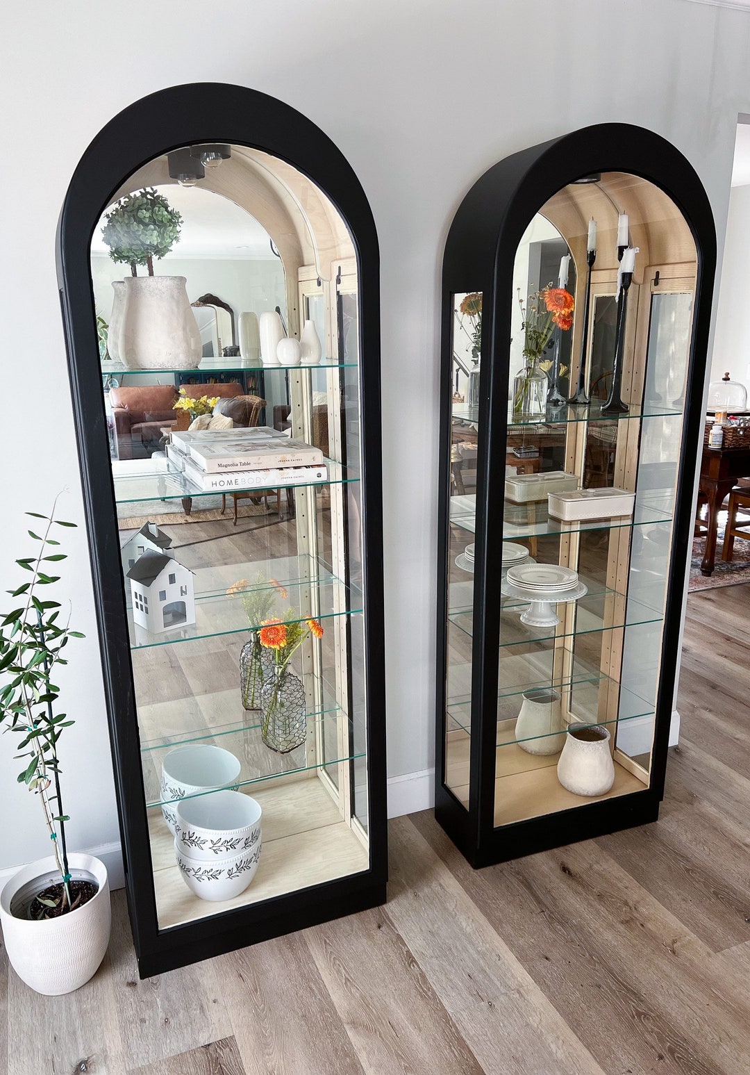 SOLD OUT Arched Black Curio China Display Wood Glass Matching Pair Etsy