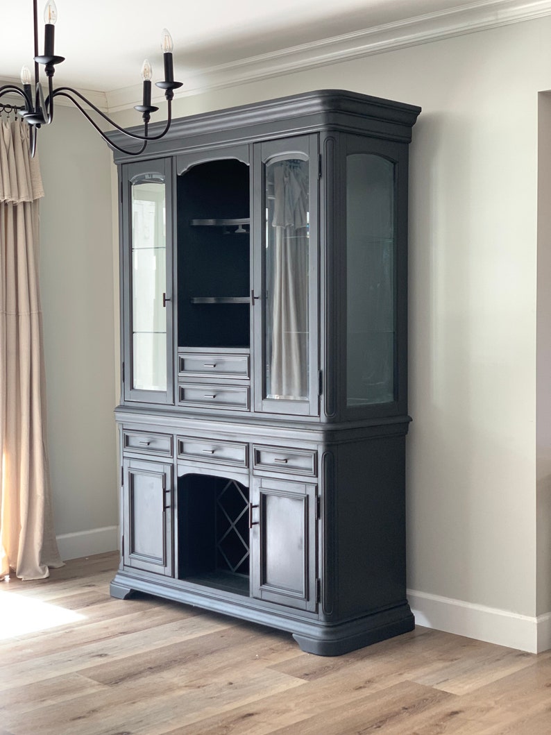 Classy Graphite Farmhouse China Cabinet Hutch With Lighting ...