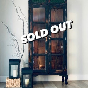 SOLD!!! Double Arch Black Reclaimed Wood Cabinet Emerald Green Glass.