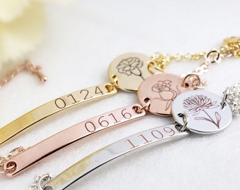 Birthday Flower Bracelet Gift For Her Bridesmaid Kids Family Gift Personalized Bracelet Custom Bar Disc Bracelet