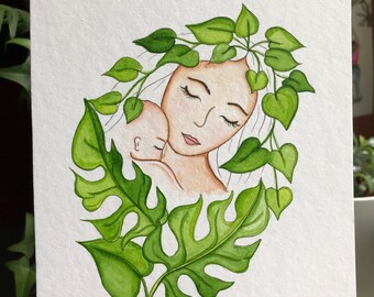 Mother with Child Illustration, Plant Lover Decoration, Gift for Mother