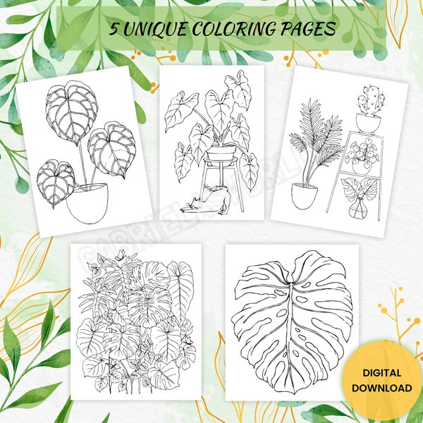 Plantes d'intérieur à colorier numériques pour adultes, plantes d'intérieur en pots pour se détendre, PDF imprimables avec 5 motifs