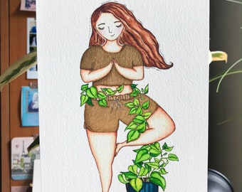 Impression d'art femme ronde avec pothos, femme yoga pose d'arbre, inspiration yoga murale, art mural positivité corporelle