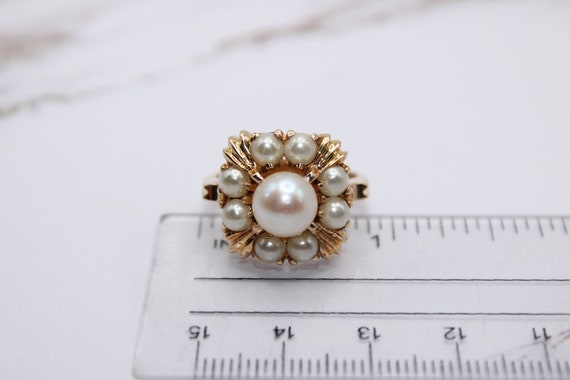 Estate 14K Yellow Gold Cluster Pearl Ring - image 6