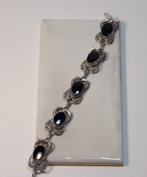 Vintage Sterling Silver and Black Onyx Bracelet - image 1