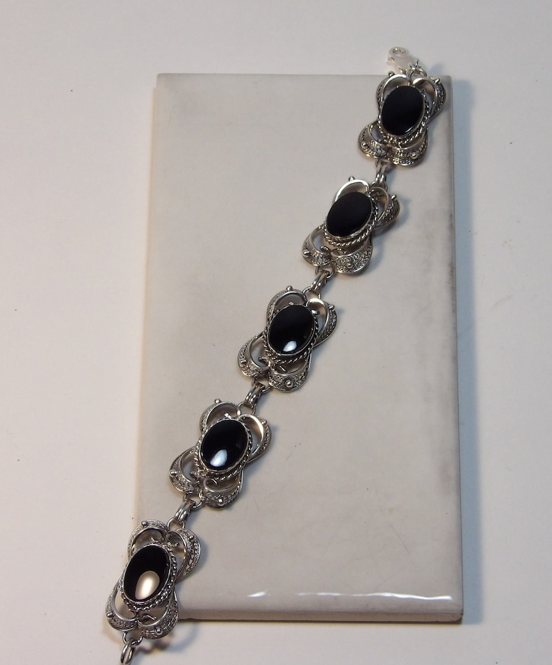 Vintage Sterling Silver and Black Onyx Bracelet image 1