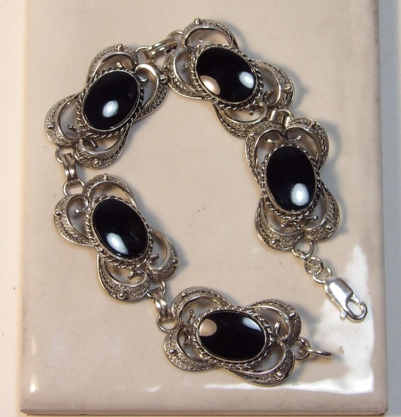 Vintage Sterling Silver and Black Onyx Bracelet - image 2