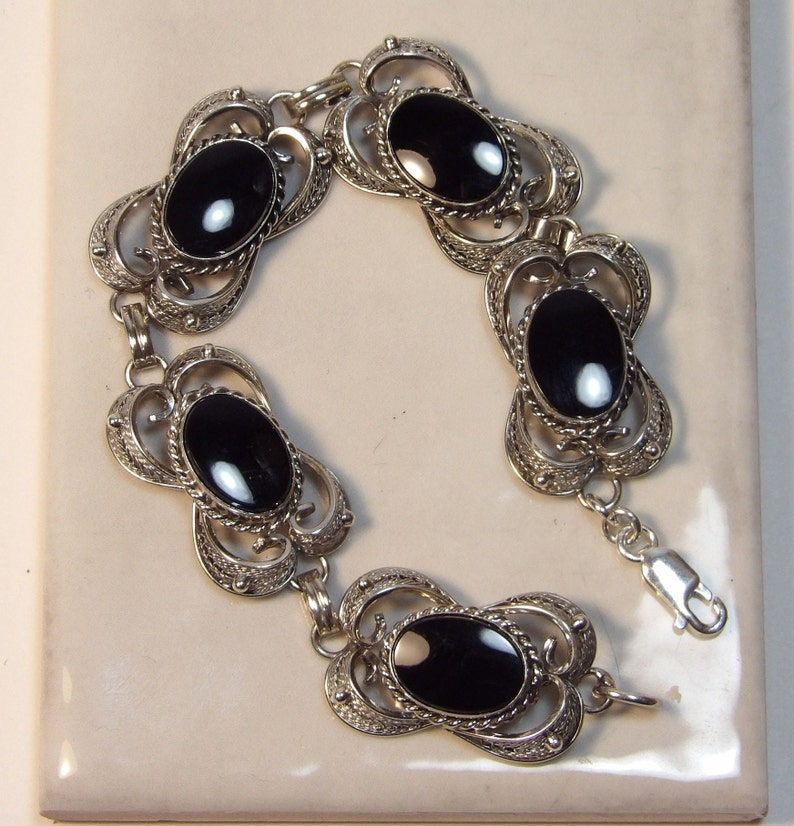 Vintage Sterling Silver and Black Onyx Bracelet image 2