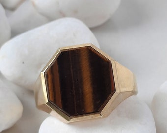 14KT Yellow Gold Octagon Tiger Eye Men&#39;s Ring