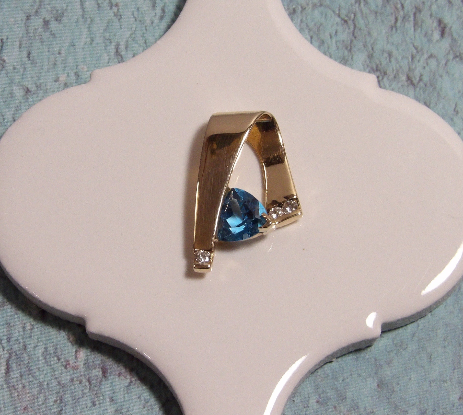 Custom 14K Yellow gold Freeform Blue Topaz & Diamond Pendant