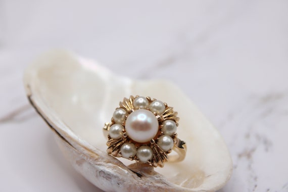 Estate 14K Yellow Gold Cluster Pearl Ring - image 1