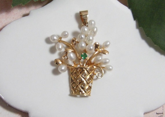 14KY Basket with Pearls and Emerald Pendant - image 1