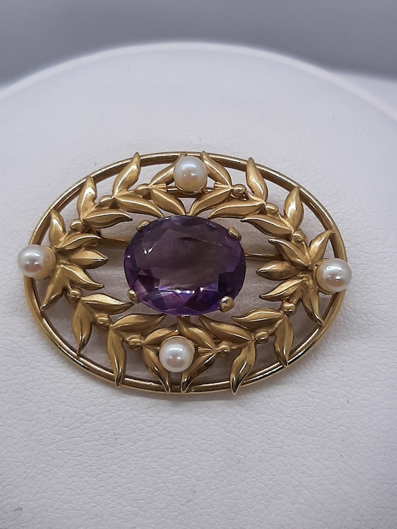 14KY Antique Amethyst and Pearl Brooch