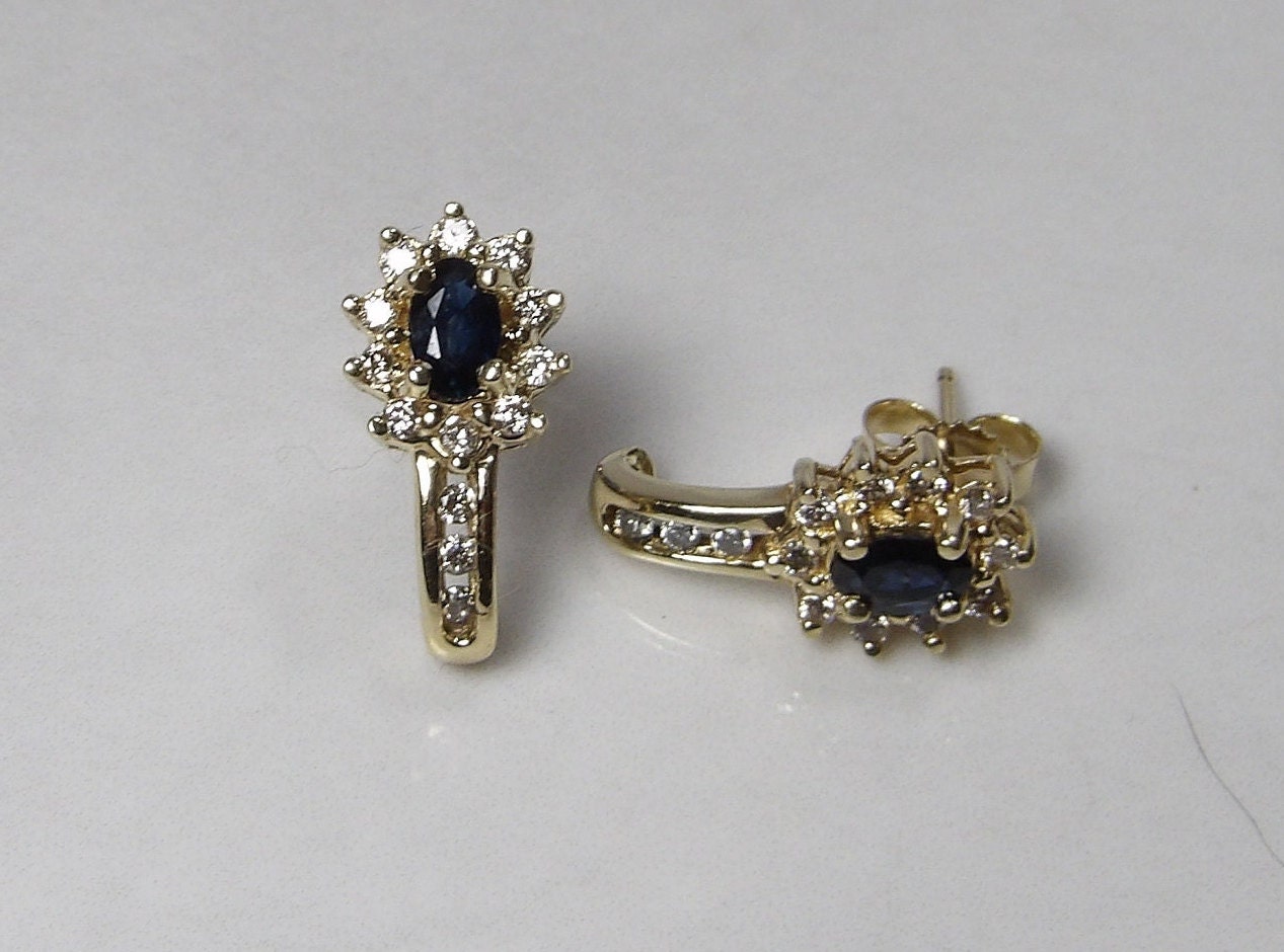 10K Yellow Gold Blue Sapphire & Diamond J Hook Earring