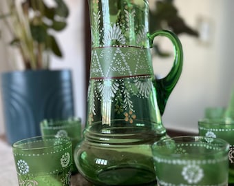 Antique Hand Painted Green Northwood Pitcher and Tumblers, 5pc