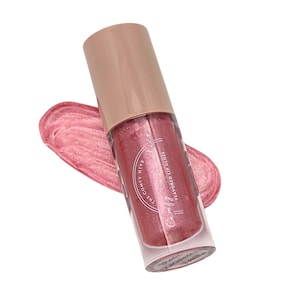 May include: A clear lip gloss tube with a rose gold cap and a pink, shimmery gloss. The gloss is swatched next to the tube, showing its color and texture. The text "Comfy Co. Bees" is printed on the tube.