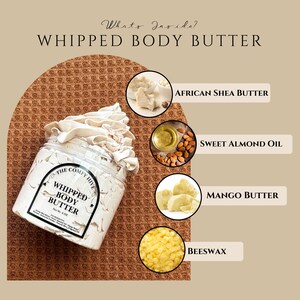 Puede incluir: Un tarro de manteca corporal batida de The Comfy Hive, con una apariencia cremosa y texturizada. La imagen destaca los ingredientes: manteca de karit&eacute; africana, aceite de almendras dulces, manteca de mango y cera de abejas. El texto dice "Whipped Body Butter".