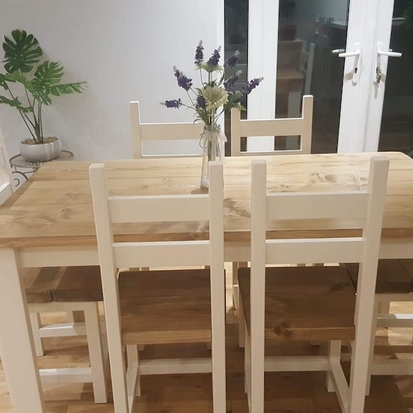Hand Crafted Rustic, Farmhouse Dining Table and 6 Chairs 1500 x 800 in white cream or grey