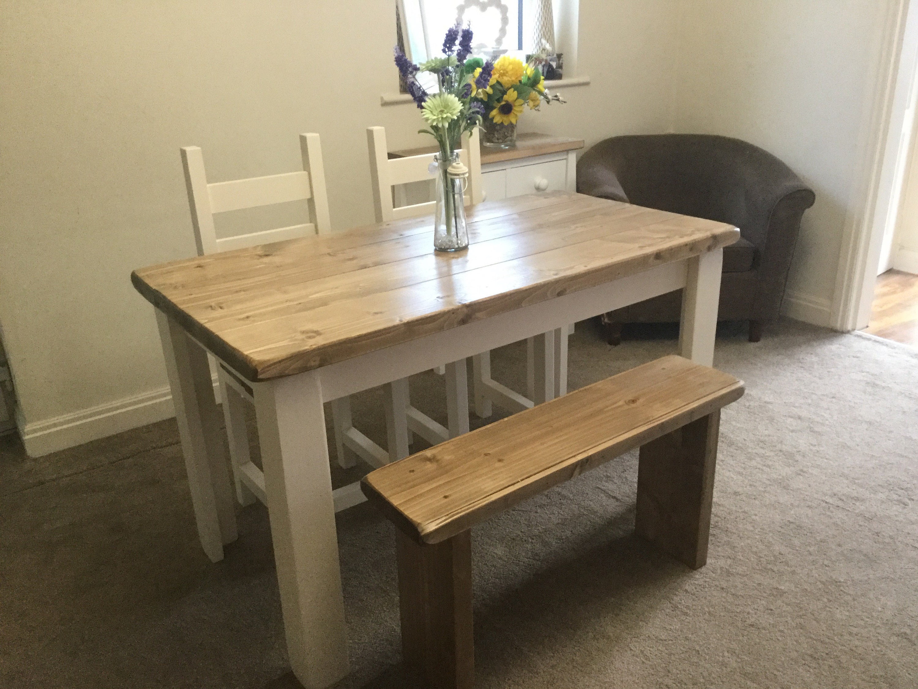 Rustic, Farmhouse Dining Table, 2 Chairs and a Bench - Etsy UK