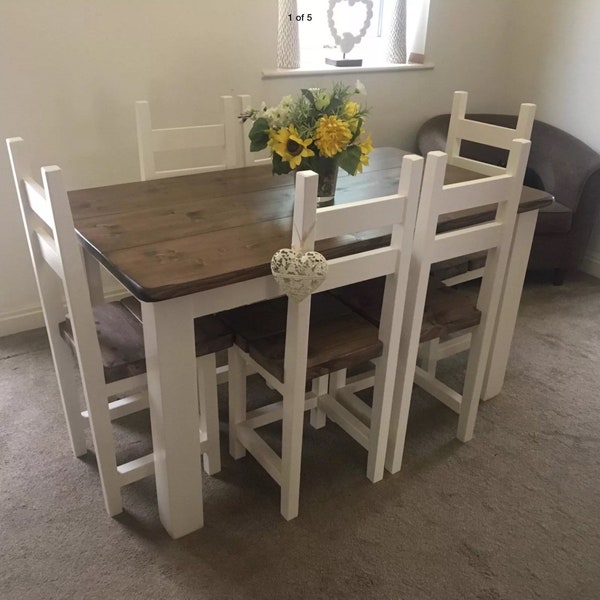 Rustic, Hand Crafted Dining Table and 6 Chairs (Table 140 x 80cm) in white cream or grey